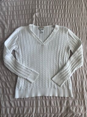 Talbots Pina Cotton White Cable Knit V-Neck Sweater (L)